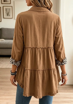 Women Casual Brown Frayed Hem Leopard Cuff Collar Tunic Shirt