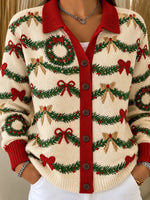 Christmas Casual Vintage Wreath Collared Cardigan