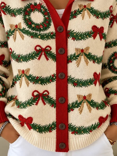 Christmas Casual Vintage Wreath Collared Cardigan