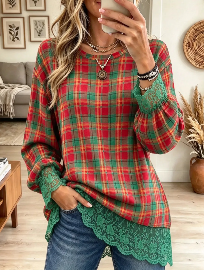 Women's Plaid Casual Crochet Lace Trim Tunic Top