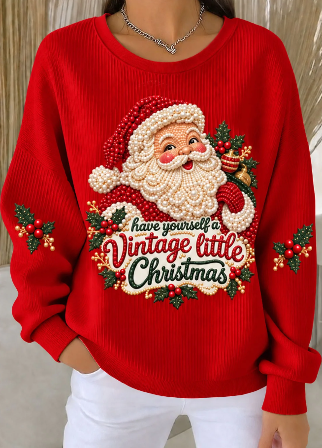 Women Christmas Santa Claus Ribbed Casual Round Neck Sweatshirt