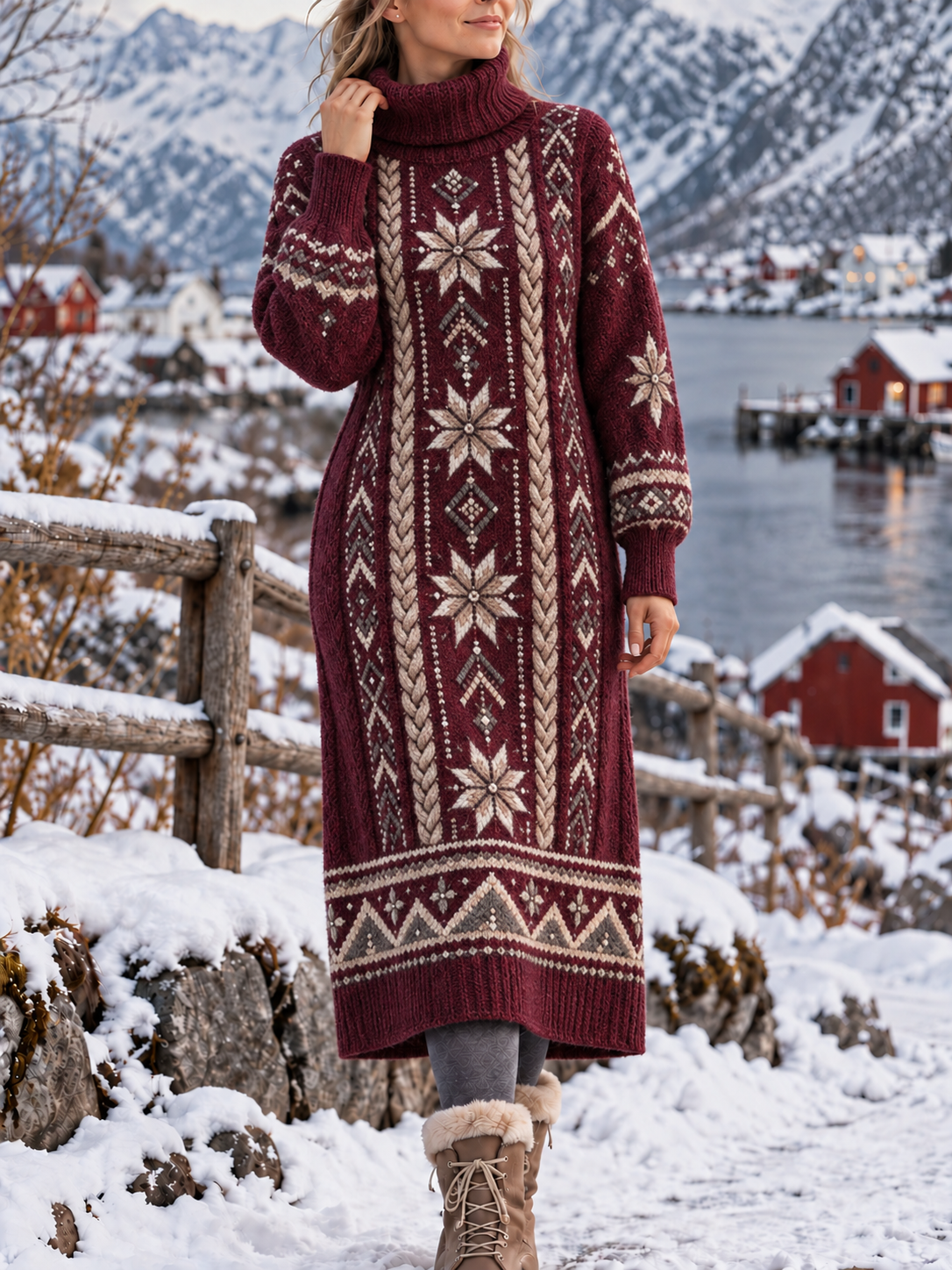 Women Ethnic Geometric Spring/Fall Printing Dress Turtleneck Long Sleeve Shift Dress H Line Dress
