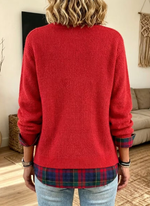 Women Casual Crew Neck Long Sleeve Mock Plaid Spliced Knit Sweater Top