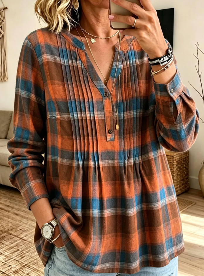 Women's Henley V Neck Pleated Plaid Long Sleeve Blouse