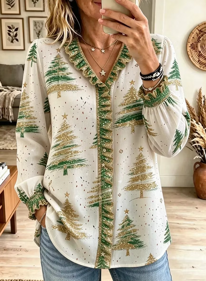 Women's Christmas Tree Print Ruffle Trim Long Sleeve V Neck Blouse