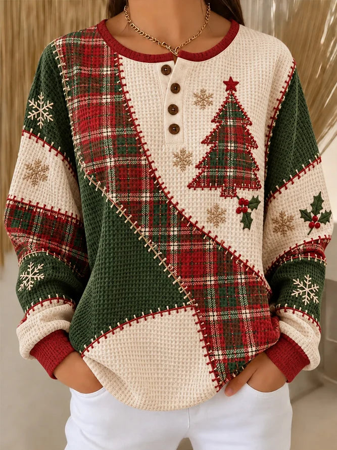 Christmas Tree Casual Geometric Henley Collar Sweatshirt
