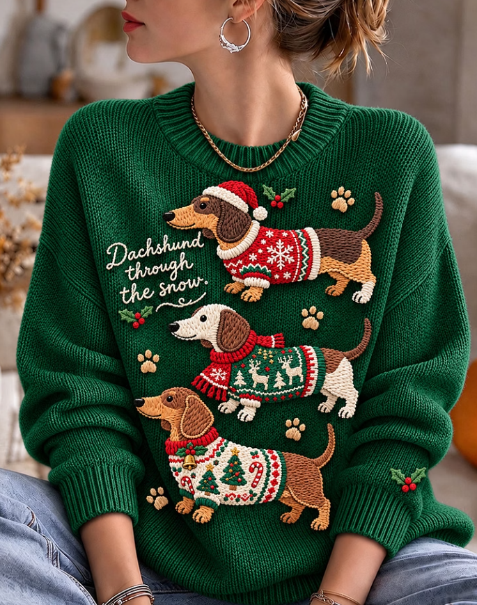 Women's Christmas Dachshund Through The Snow Print Cozy Sweater