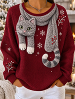 Women Winter Cat Snowflake Print Waffle Knit Sweatshirt