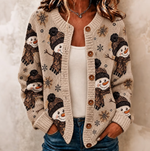 Women Vintage Christmas Snowman Knit Button Up Cardigan