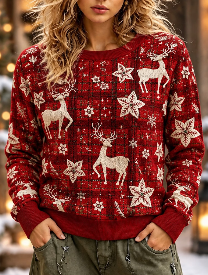 Women Reindeer Poinsettia Snowflake Plaid Christmas Sweater