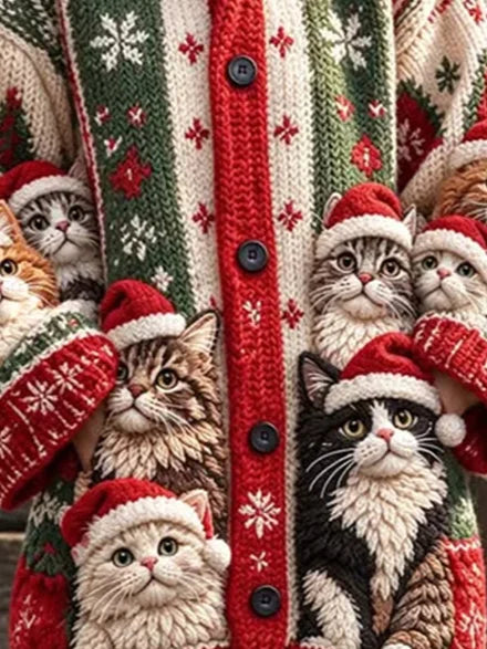 Women Christmas Cat Long Sleeve Comfy Casual Cardigan