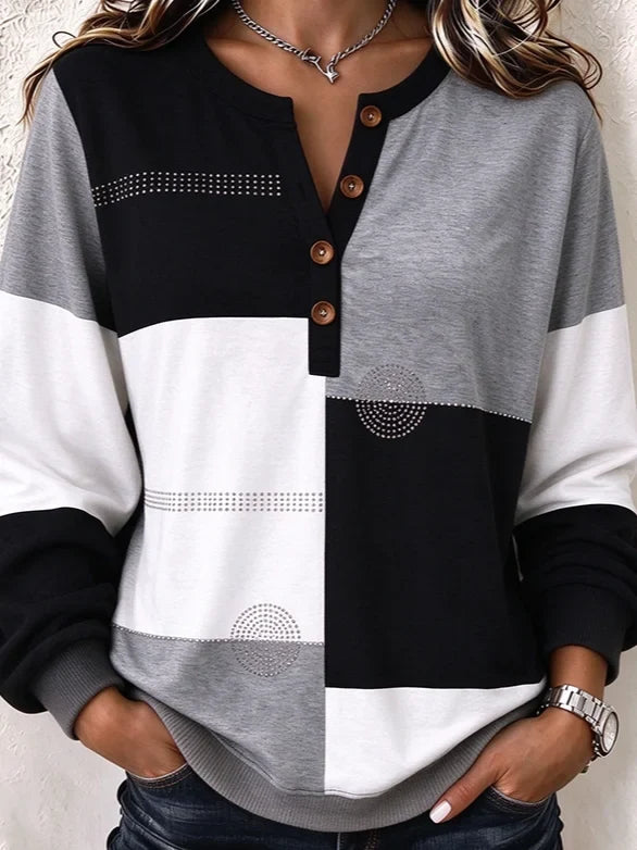 Casual Geometric Color Block Henley Collar Long Sleeve Sweatshirt