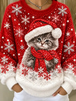 Casual Christmas Cat Crew Neck Long Sleeve Sweatshirt