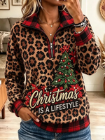 Women's Christmas Tree Leopard Festive Half Zip Pullover