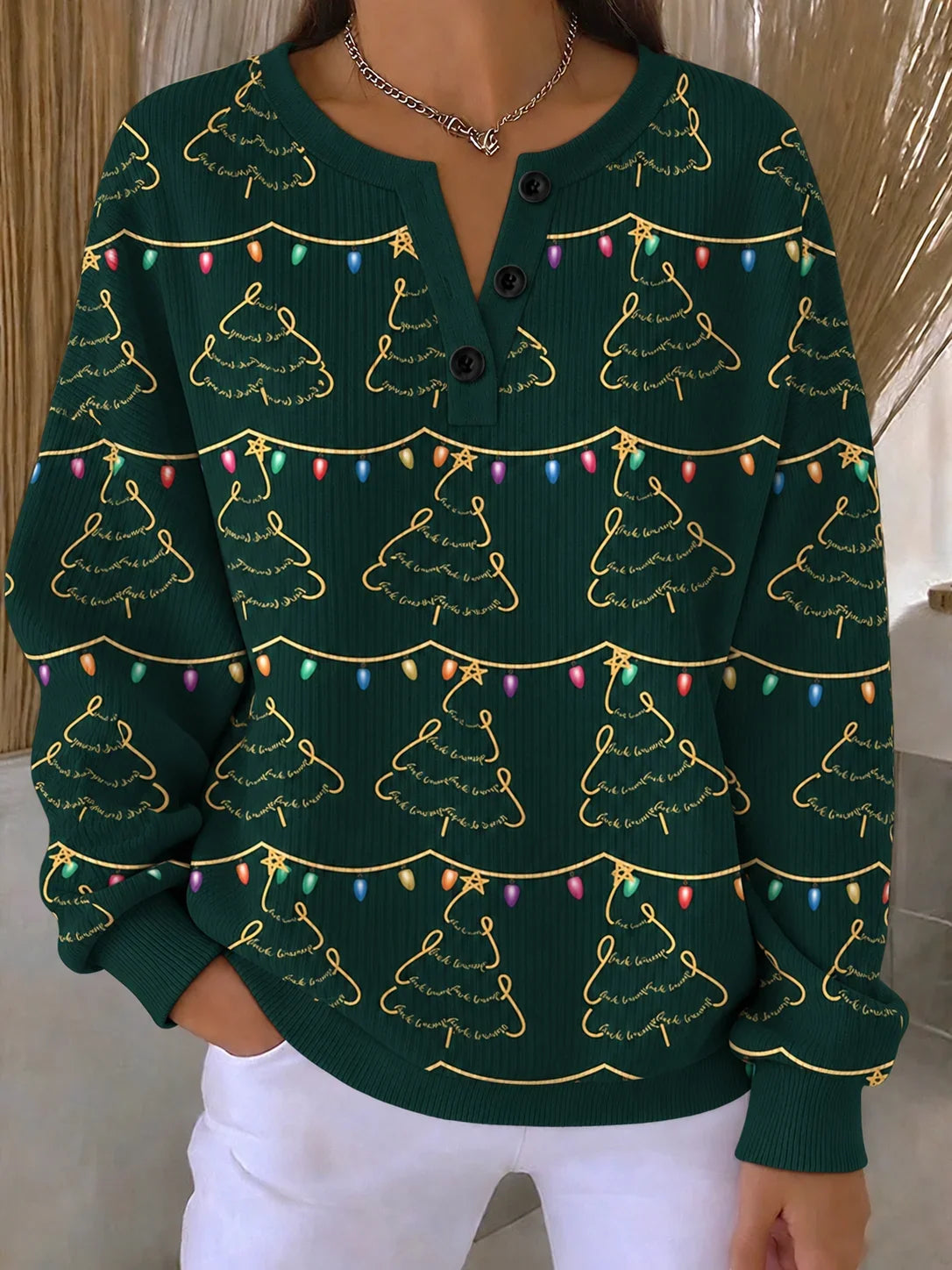 Buckle Henley Collar Christmas Tree Elegant Festive Sweatshirt