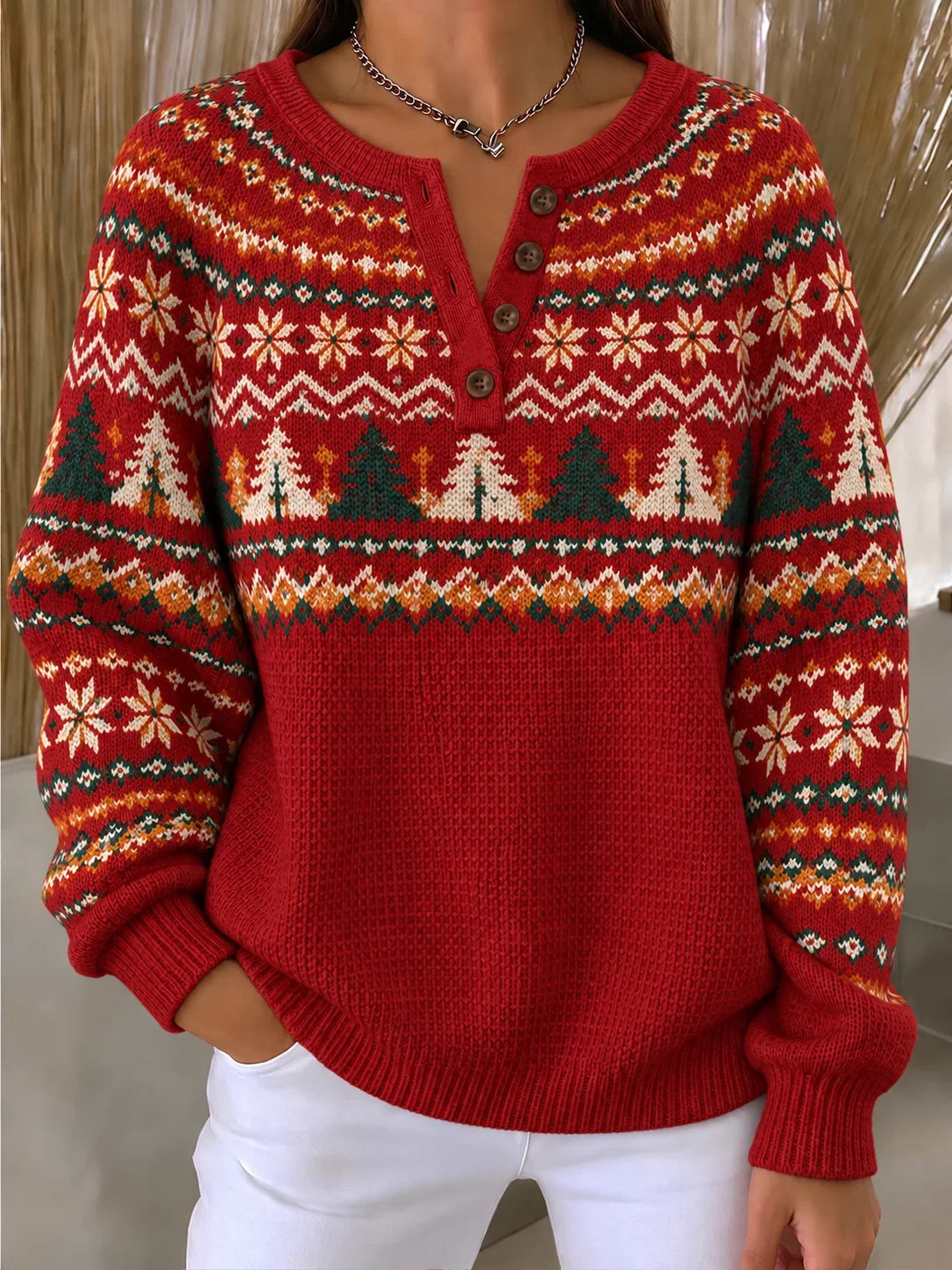 Fair Isle Henley Collar Casual Regular Fit Festive Sweatshirt