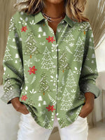 Women Art Christmas Tree Pattern Print Casual Long Sleeve Shirt