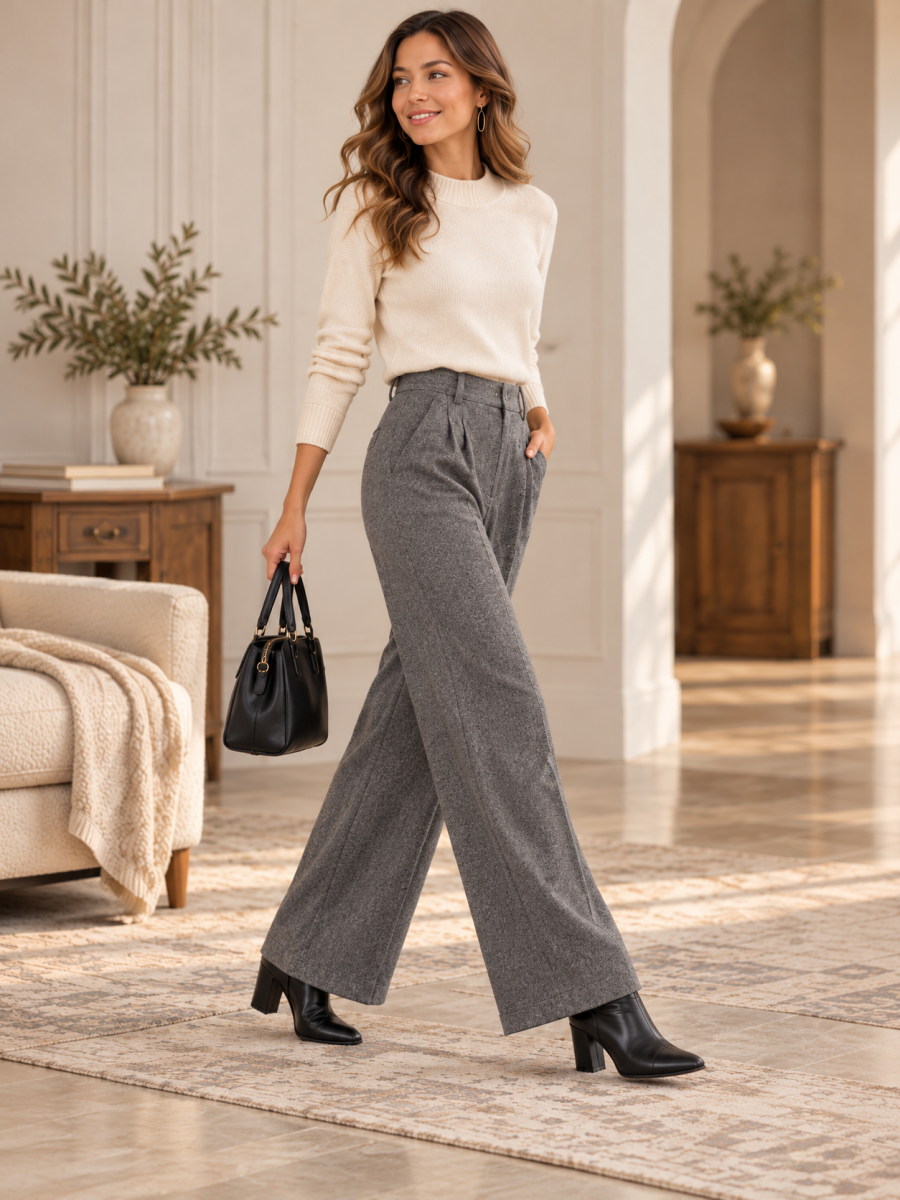 Grey Speckled Pleated High Waist Wide Leg Trousers