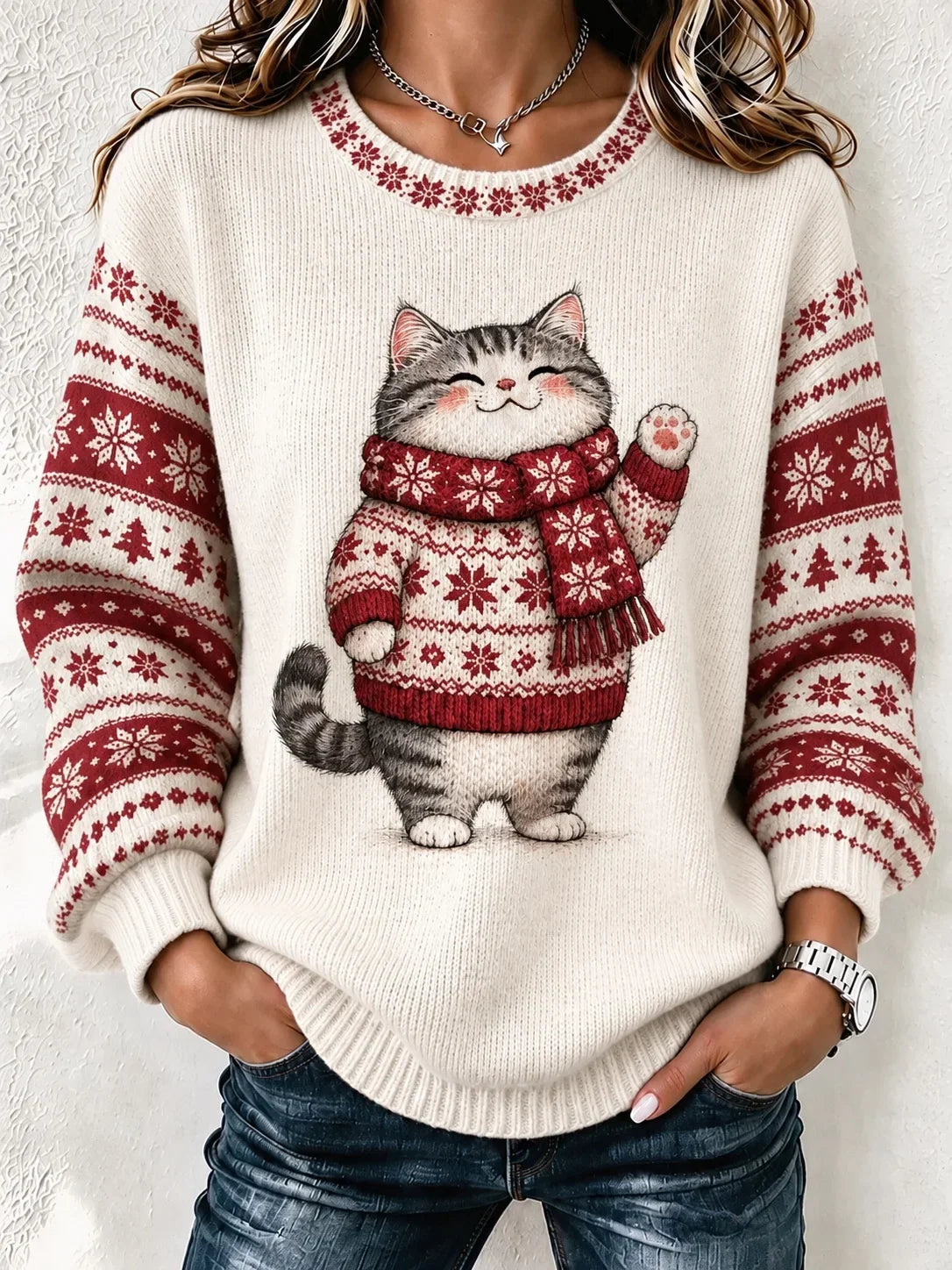 Casual Cat Henley Collar Long Sleeve Sweatshirt