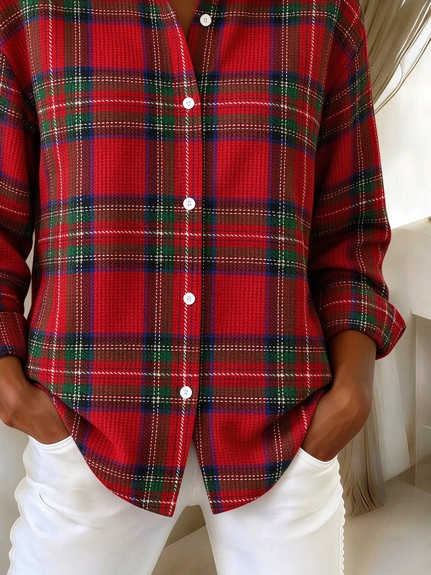 Women Plaid Casual Shirt Shirt Collar Long Sleeve Buckle Top