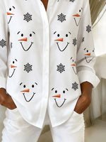 Women Christmas Snowman Casual Shirt Shirt Collar Long Sleeve Buckle Top