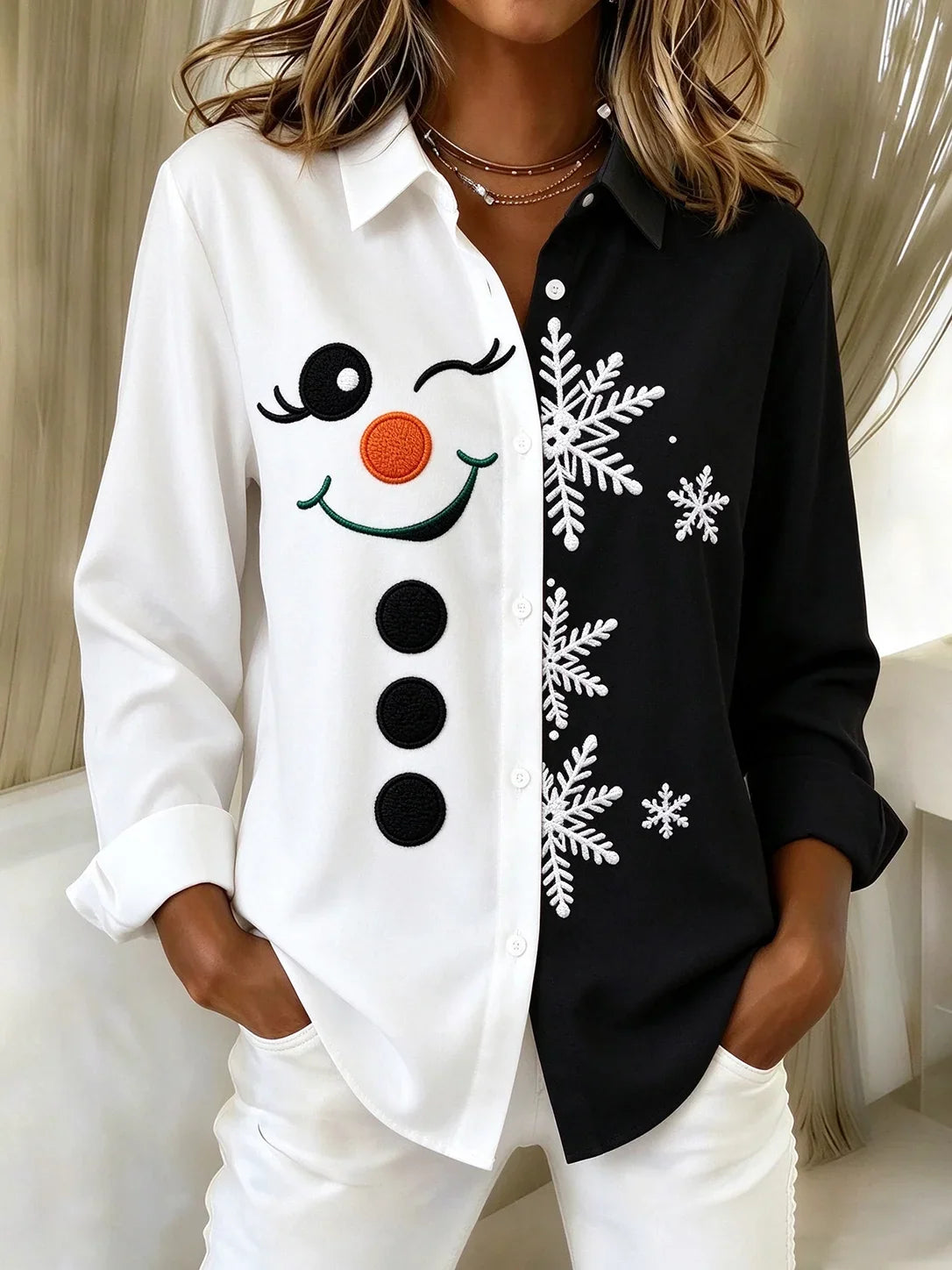 Women Christmas Snowman Casual Shirt Shirt Collar Long Sleeve Buckle Top