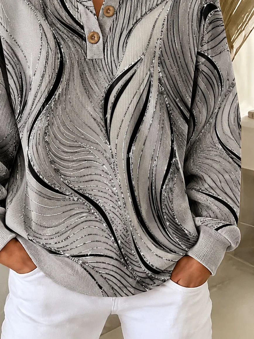 Vintage Abstract Henley Collar Chic Long Sleeve Sweatshirt