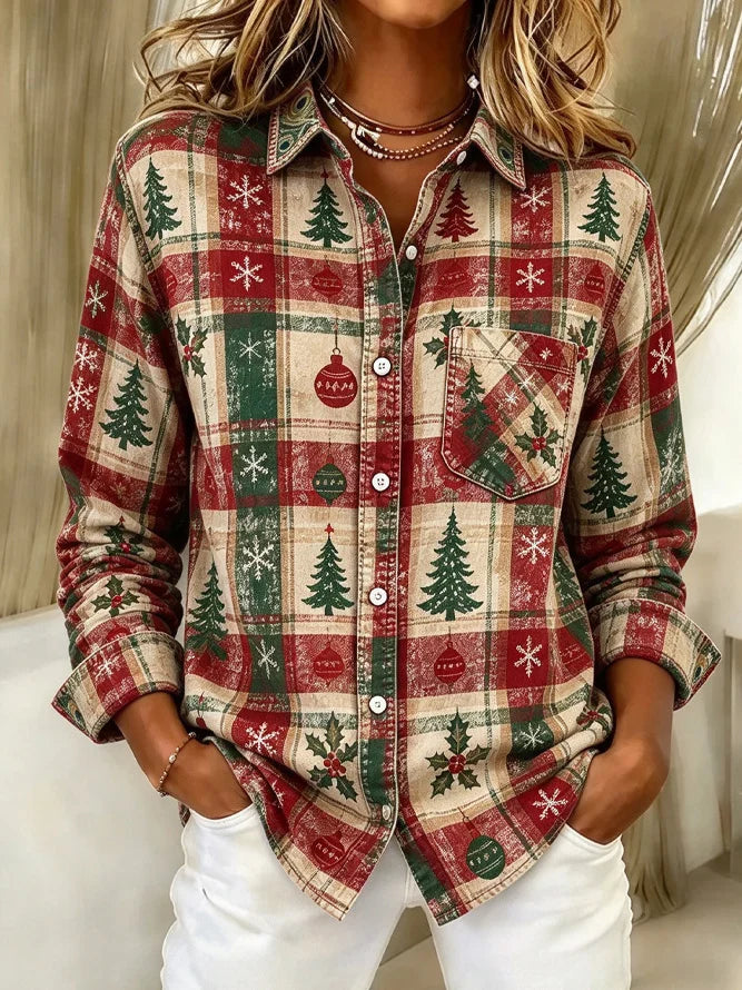 Women Plaid Vintage Shirt Shawl Collar Classic ong Sleeve Top