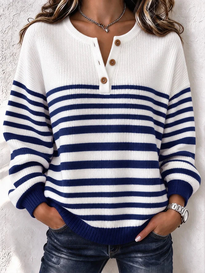 Casual Striped Henley Collar Relaxed Long Sleeve Sweatshirt