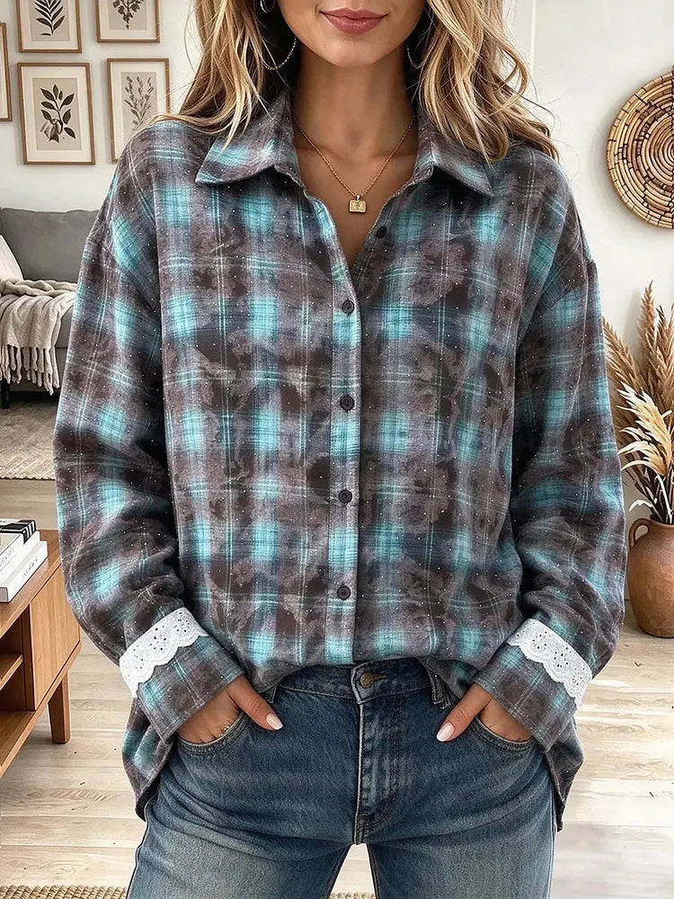 Women's Oversized Romantic Plaid Button Down Shirt