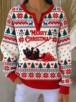 Fair Isle Text Letters Festive Henley Collar Elegant Sweatshirt