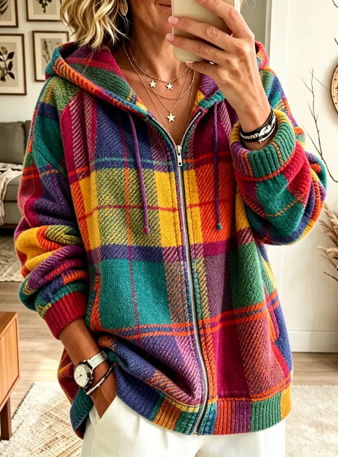 Women's Cozy Colorful Plaid Zip Up Hooded Jacket
