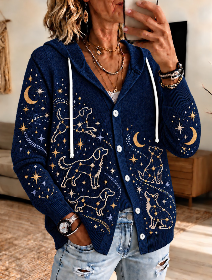 Women Casual Art Constellation Dogs And Star Cardigan