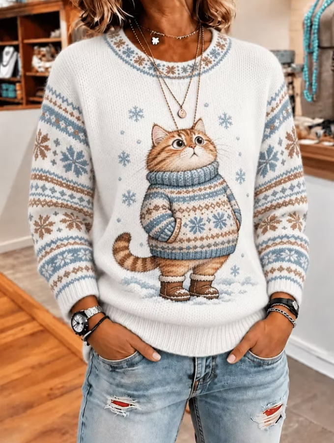 Women Cute Winter Cat Print Long Sleeve Knit Sweater