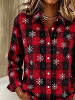 Women's Long Sleeve Shirt Spring/Fall Red Christmas Printing Shawl Collar Holiday Going Out Vintage Top