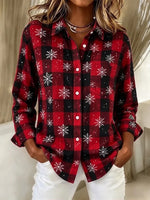 Women's Long Sleeve Shirt Spring/Fall Red Christmas Printing Shawl Collar Holiday Going Out Vintage Top