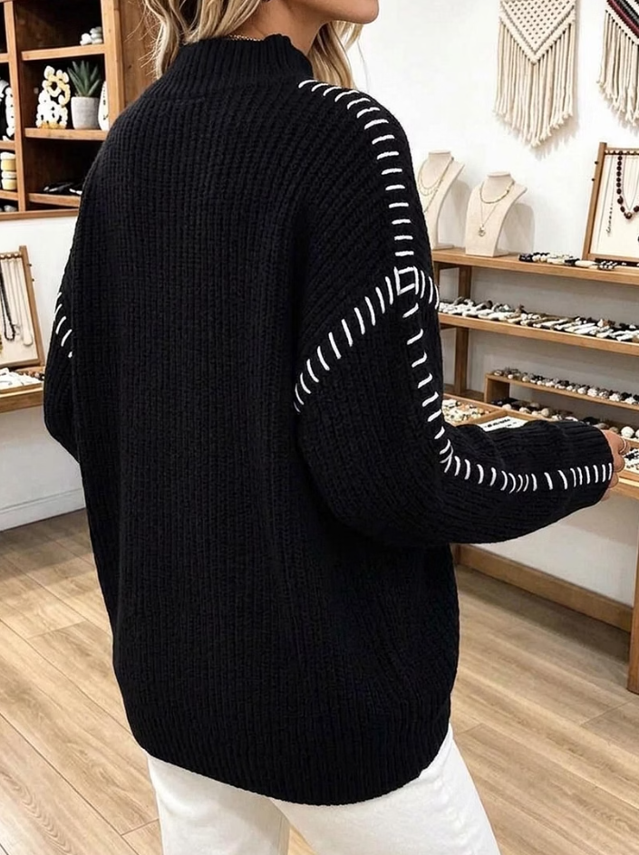 Casual Oversized Black Chunky Knit Sweater with Contrast Stitching