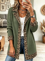 Women's Leopard Trim Lapel Ribbed Knit Cardigan