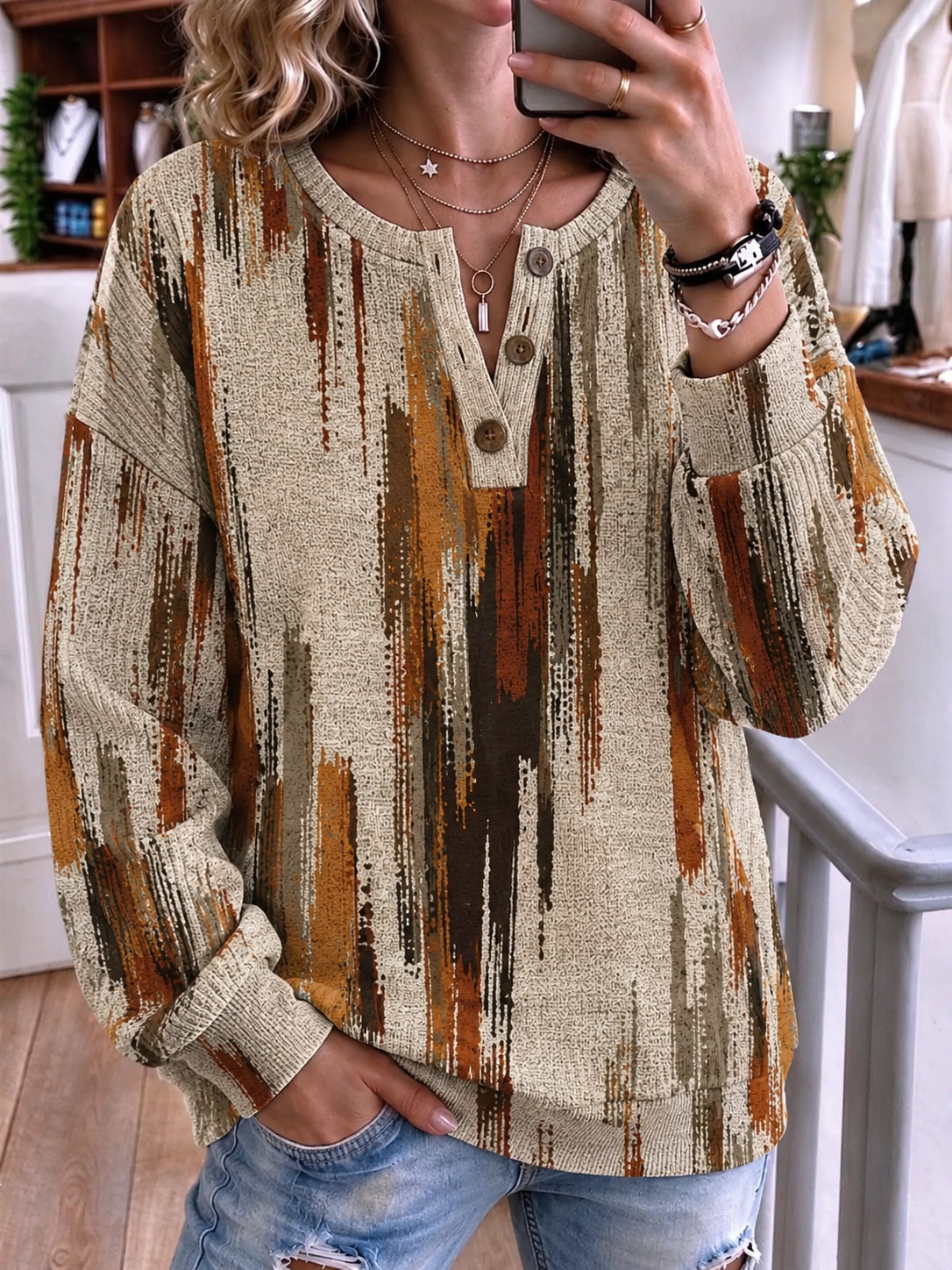Vintage Abstract Henley Collar Long Sleeve Sweatshirt