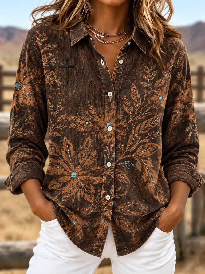 Women Floral Vintage Shirt Shirt Collar Long Sleeve Top