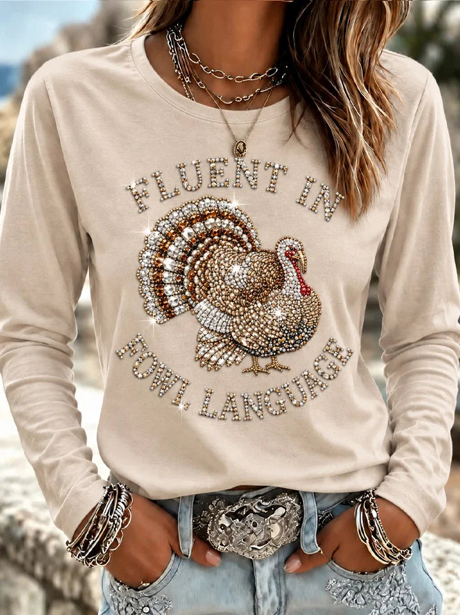 Vintage Text Letters Turkey Fun Crew Neck Long Sleeve T Shirt
