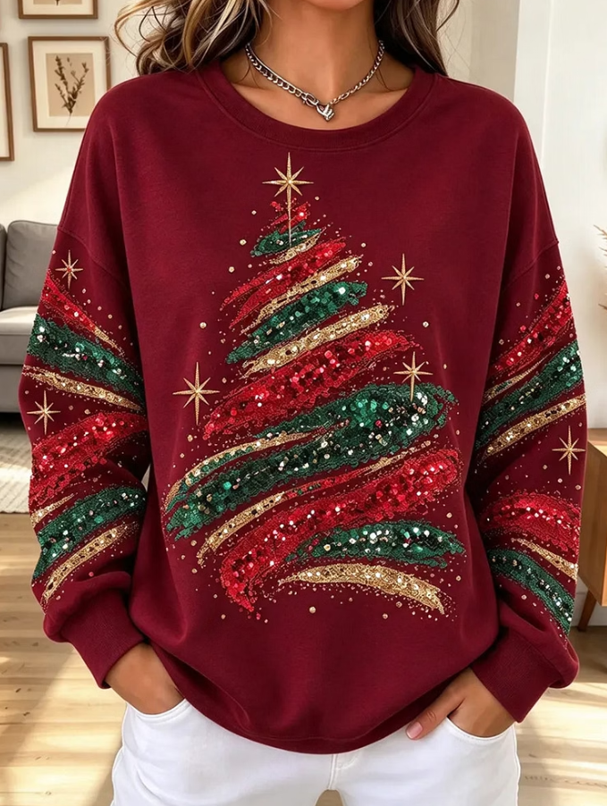 Women Vintage Christmas Tree Pattern Art Casual Stylish Long Sleeve Sweatshirt