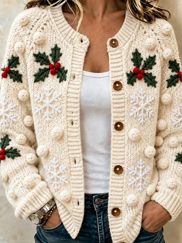 Vintage Unique Holly Snowflake Button Cardigan