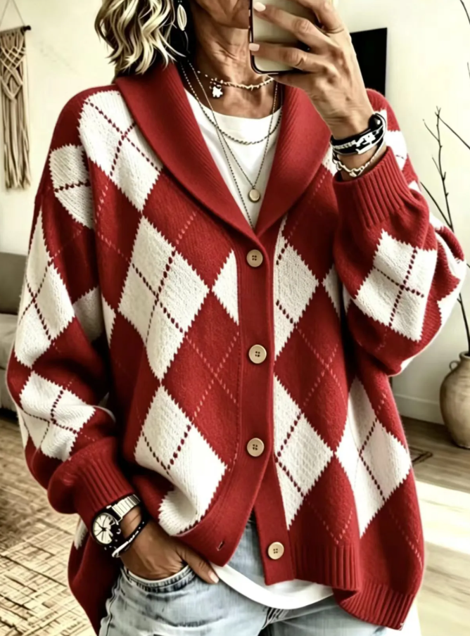 Vintage Diamond Plaid Button Front Suit Collar Cardigan