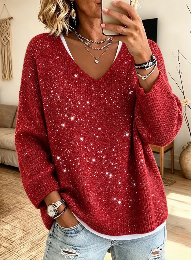 Women Casual Classic V Neck Shiny Knit Sweater