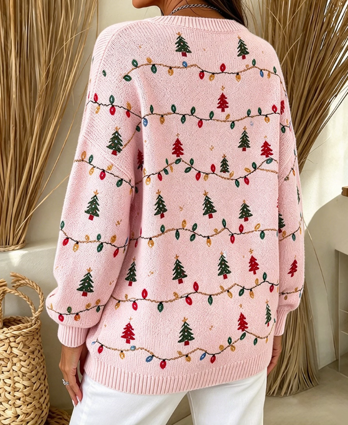 Women Cozy Christmas Tree Henley Collar Casual Sweater