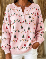 Women Cozy Christmas Tree Henley Collar Casual Sweater
