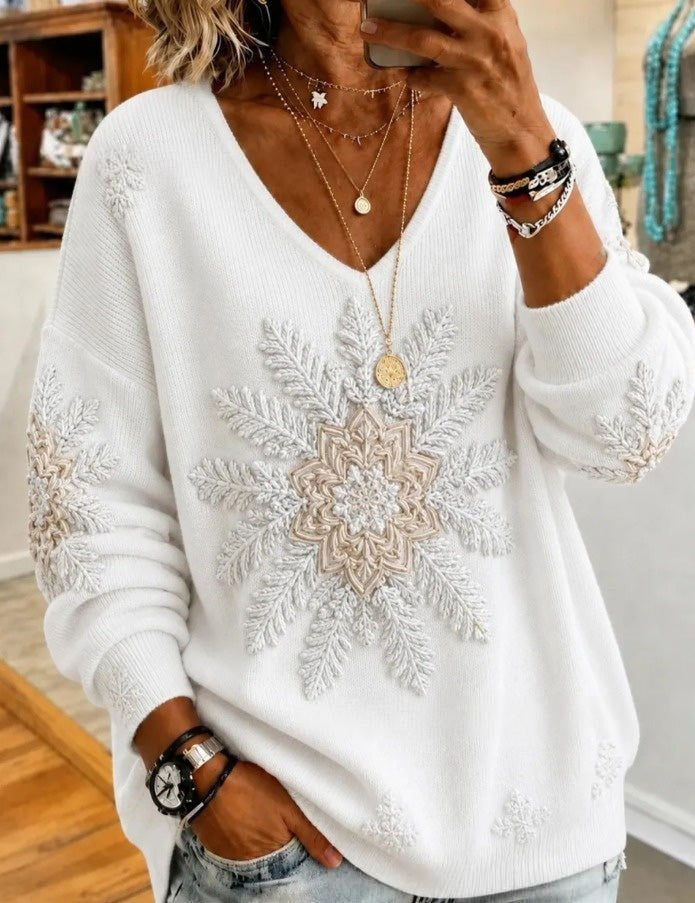 Women Snowflake Print V Neck Long Sleeve Casual Sweater