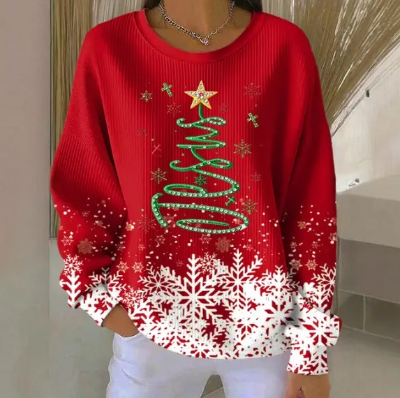 Women Christmas Art Print Casual Crew Neck Sweatshirt
