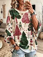 Casual Christmas Crew Neck Three Quarter Sleeve T-shirt